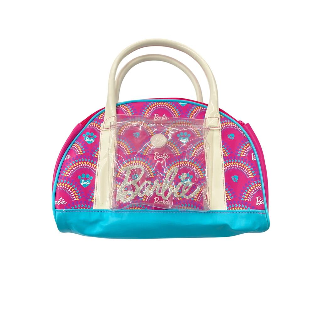 Barbie Zip‑Up Tote Bag • Clear Pocket • Pink/Blue Puppy Paws & Rainbow Print